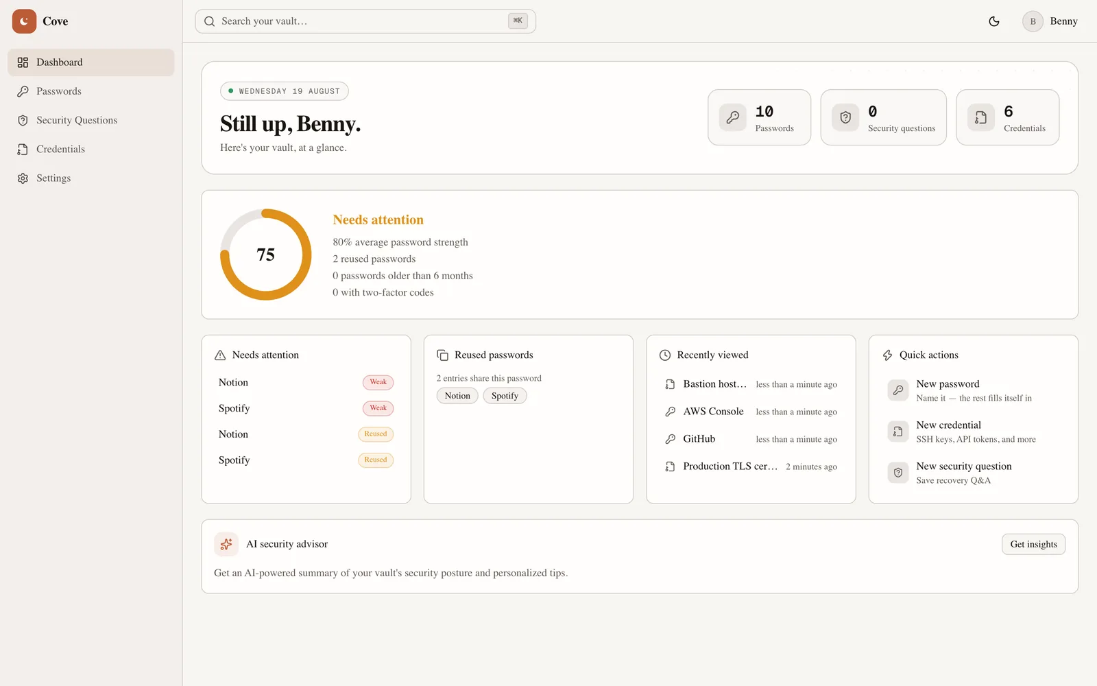Cove dashboard showing a vault health score of 75, a list of weak and reused passwords, and quick actions
